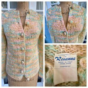 vtg 50s 60s ROSANNA Italy Mohair Rainbow Pastel Cardigan Sweater Hand Knit S/M